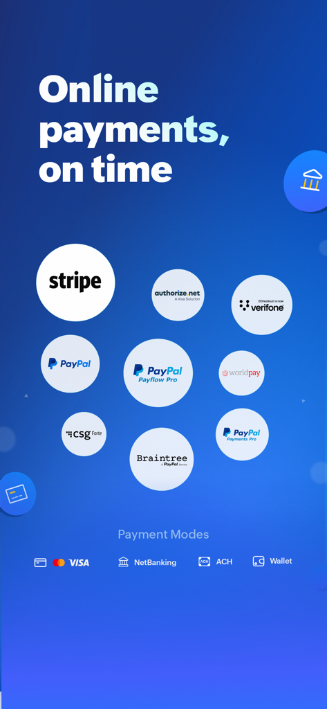Zoho Books app interface displaying supported online payment gateways including Stripe and PayPal