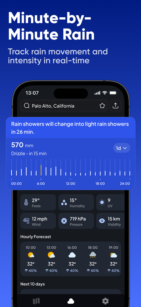 NOAA: Weather Radar & Forecast - Pantalla de la aplicación móvil mostrando seguimiento de lluvia minuto a minuto y pronóstico meteorológico por hora