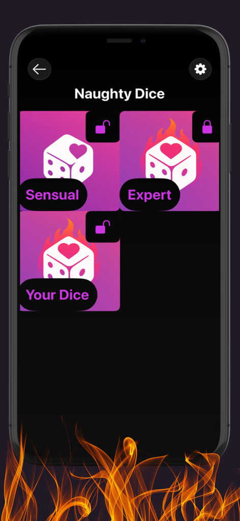 AdultX: Sex Games for Couples - AdultX app screen showing Naughty Dice game modes like Sensual and Expert for couples.