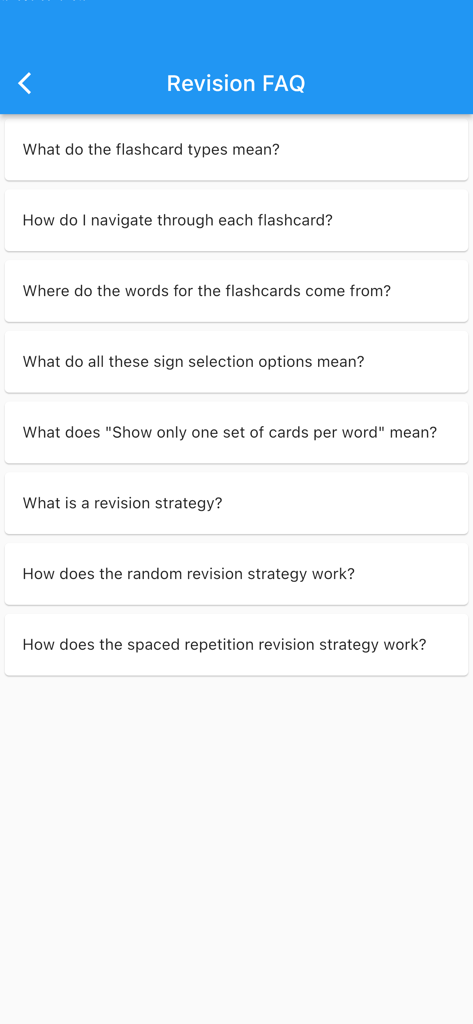 List of frequently asked questions about the revision and flashcard features in the Auslan Dictionary app