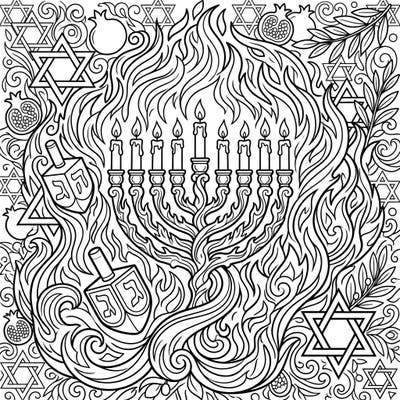 Celebrate the Festival of Lights with this dynamic Hanukkah coloring page, showcasing a beautifully rendered menorah engulfed in artistic flames. Alongside traditional dreidels and Stars of David, it promises an engaging and meaningful coloring experience.