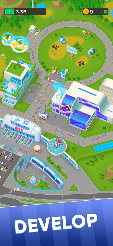 Diamond City: Idle Tycoon - Draufsicht auf eine stilisierte 3D-futuristische Stadt, die High-Tech-Gebäude und Besucher in Diamond City Idle Tycoon zeigt