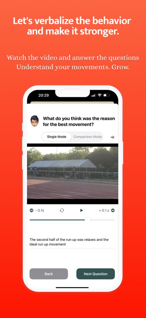 Trai Video/Sports Self-Review - Trai Videoアプリのインターフェース。ガイド付きレビュー質問と回答エリアが表示された陸上競技アスリートのビデオレビュー。