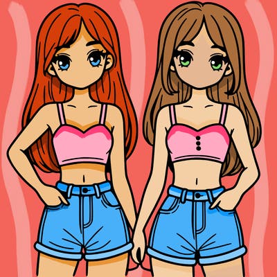 two sisters with crop tops and jean shorts and straight hair
