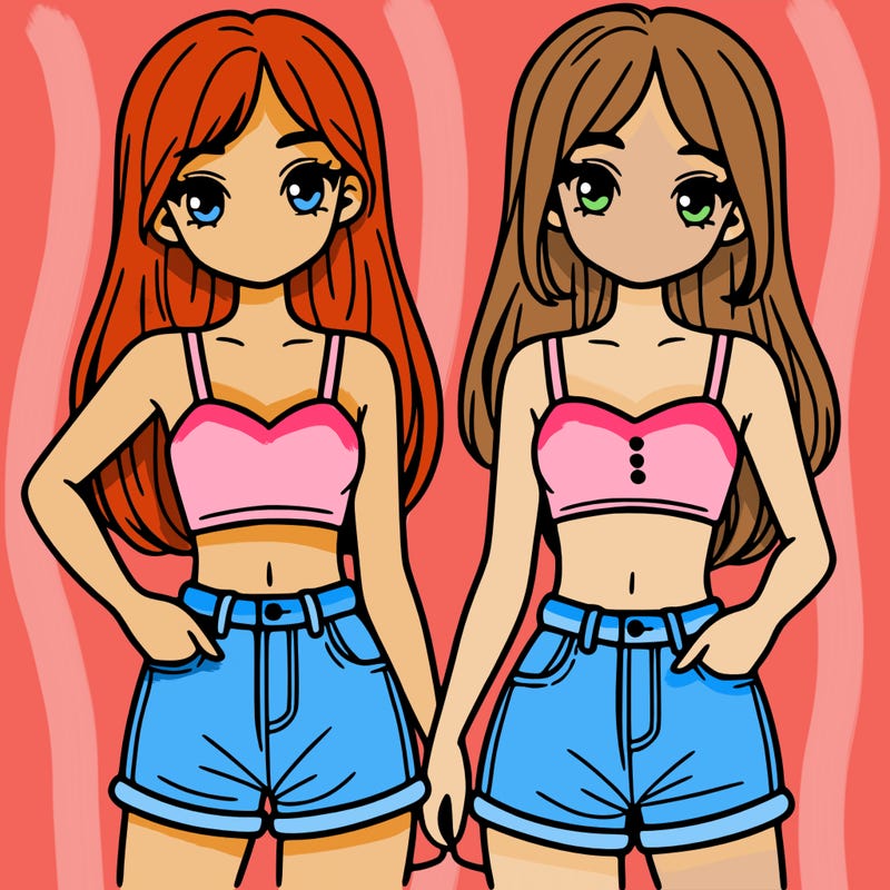 two sisters with crop tops and jean shorts and straight hair