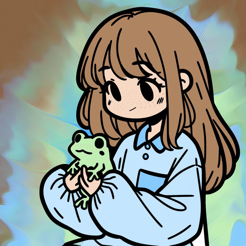 girl with long hair and a oversized shirt. and she is holding a frog
