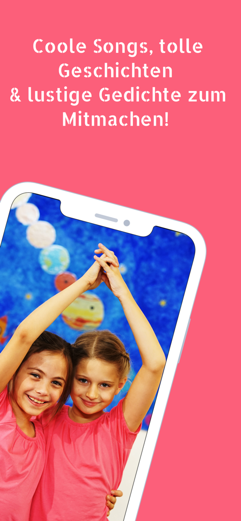 Kinderyoga: Yoga for Kids - 우주 배경의 모바일 앱 화면에서 요가 자세를 연습하는 어린 소녀 두 명