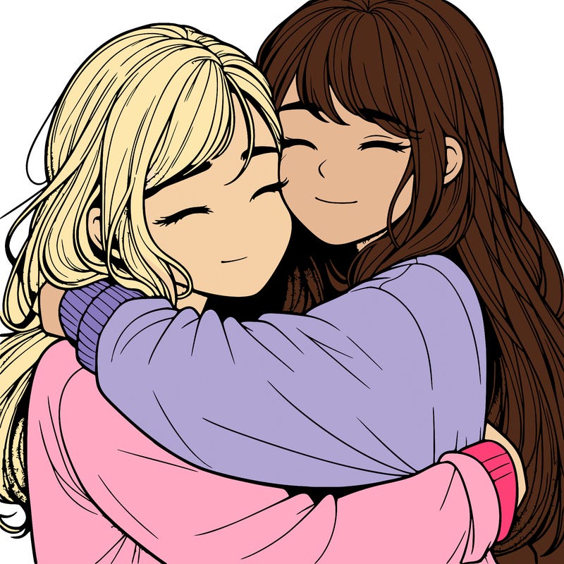 realistic two girls hugging