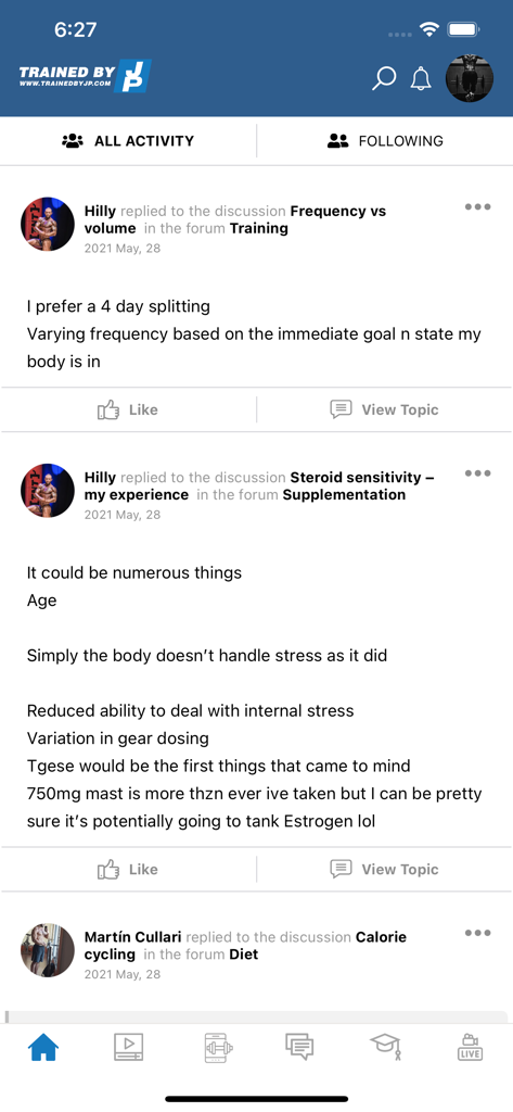 TrainedByJP - Social feed in the TrainedByJP app showing bodybuilding community discussions