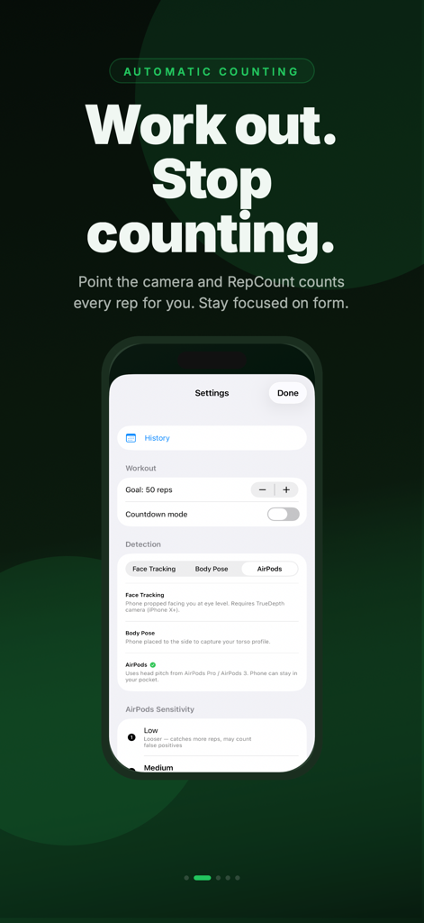 Rep Counter: Workout Tracker - Interface of Rep Counter showing settings for automatic rep counting using face tracking body pose and airpods motion