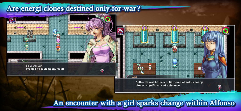 In-game story dialogue scenes from RPG Alphadia III featuring pixel art characters