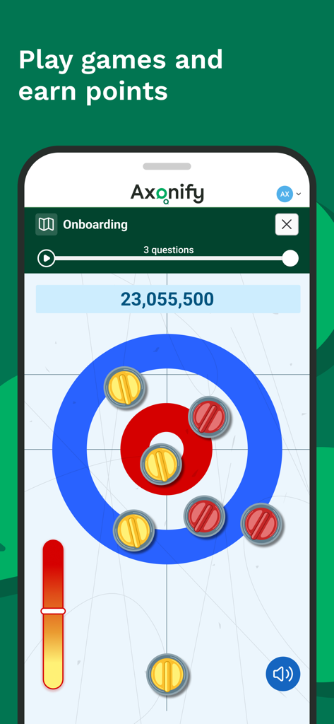 Axonify Mobile app screen featuring a gamified onboarding game to earn points