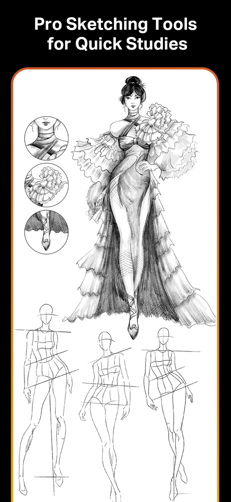 Uma ilustração de moda digital detalhada de uma mulher em um vestido bufante ao lado de esboços de figuras anatômicas para estudos rápidos de arte