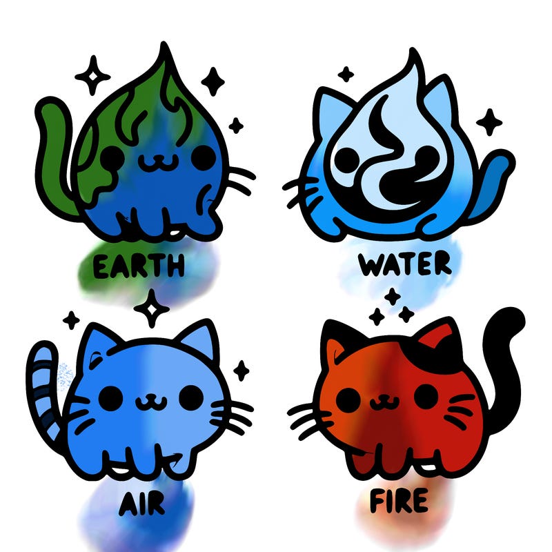 4 cats that represent the different elements, earth, water, air, and fire