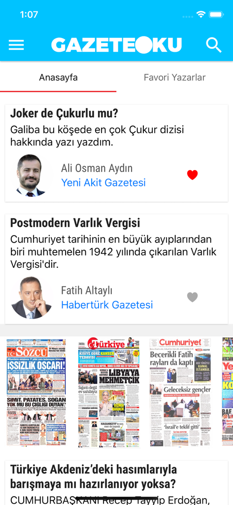 Home screen of Gazete Oku app featuring Turkish newspaper headlines and columnist articles.