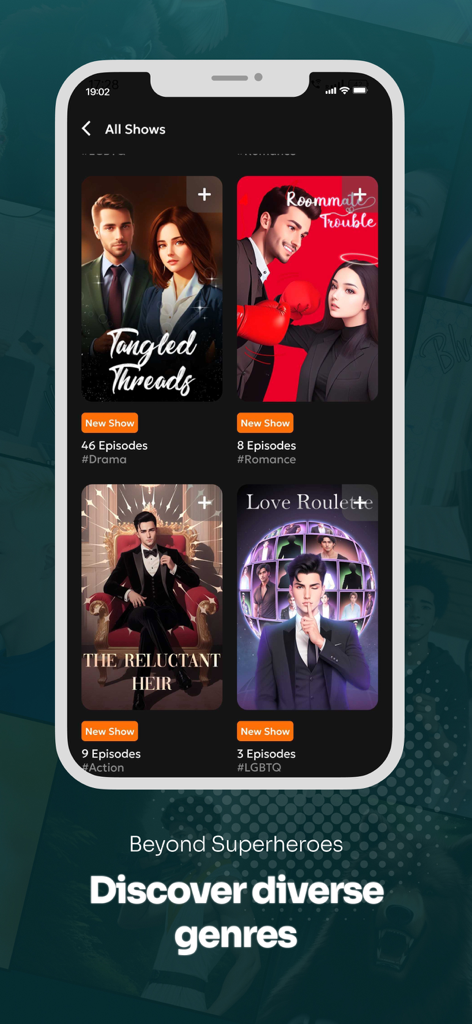 Dashtoon mobile app interface displaying diverse comic genres beyond superheroes