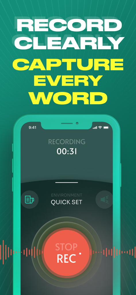 Sound Amplifier | Volume Boost - Schermata dello smartphone che mostra l'interfaccia di registrazione audio dell'app Sound Amplifier con il testo Registra Chiaramente Cattura Ogni Parola