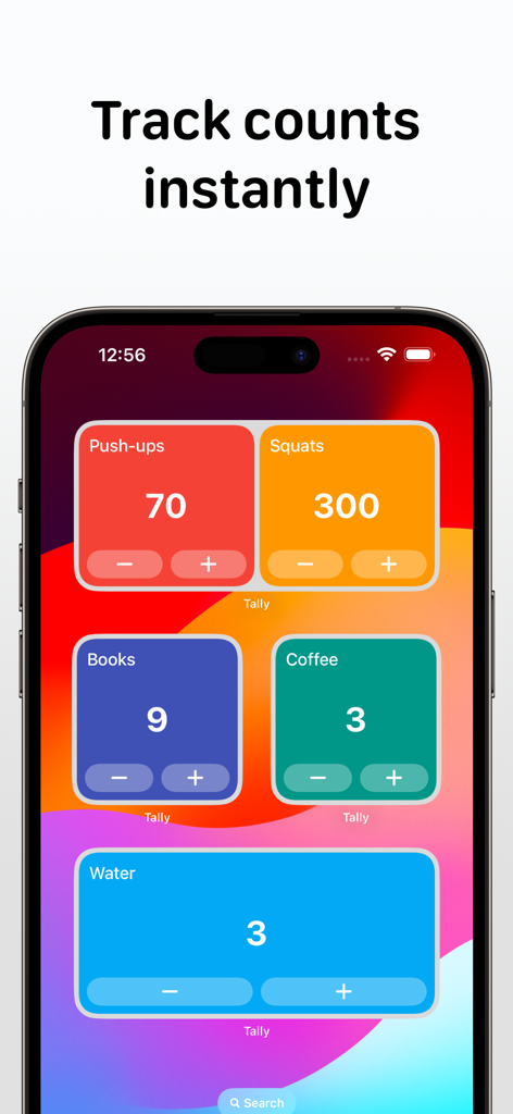 Tally app interactive home screen widgets on an iPhone for tracking fitness and daily habits like push ups squats and water intake