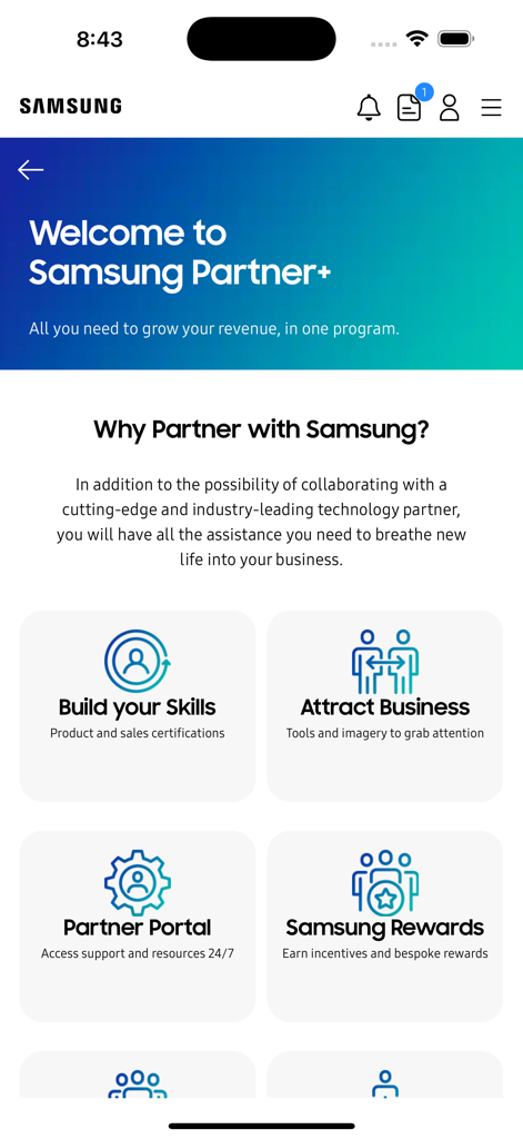 Samsung Partner Portal - Samsung Partner Portal app welcome screen highlighting partner benefits including skill building and business rewards.