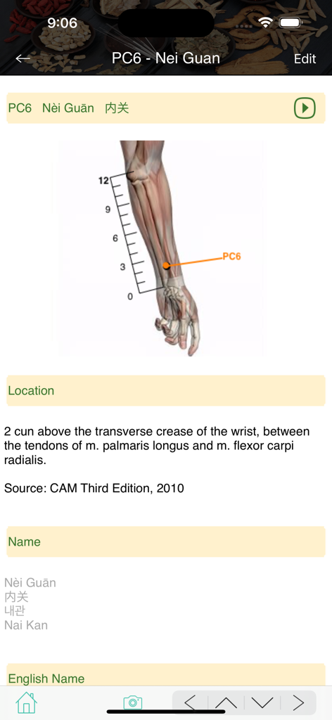 TCM Clinic Aid - Anatomical diagram and clinical location description for acupuncture point PC6 Nei Guan within the TCM Clinic Aid app.