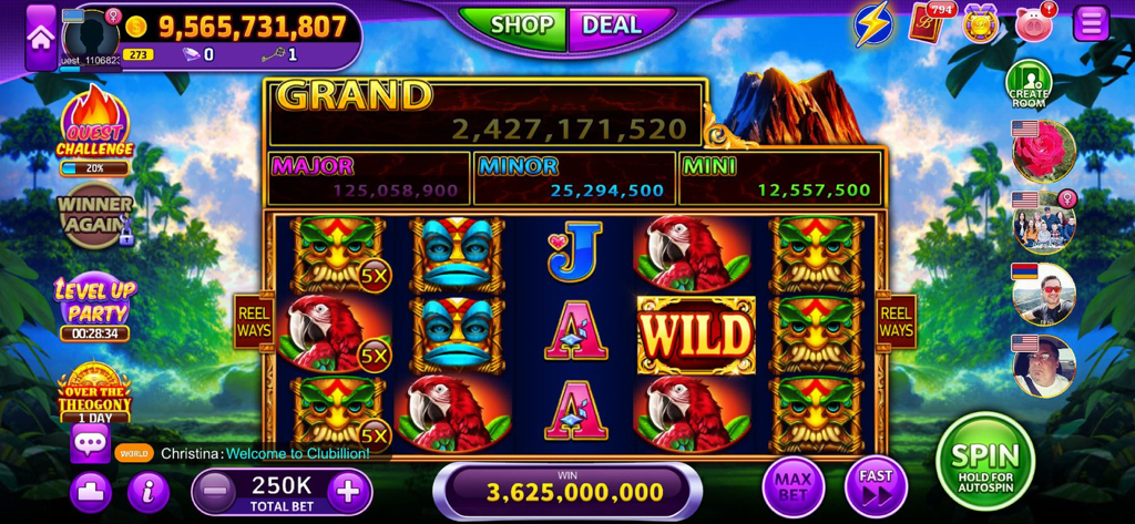 Clubillion: Vegas Casino Slots - Captura de pantalla del juego de Clubillion Vegas Casino Slots con una máquina tragamonedas temática de jungla tropical con máscaras tiki y loros.