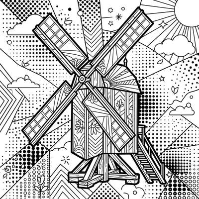 Experience the fusion of history and modern art with this Pop Art post mill coloring page. Dive into a dynamic scene featuring bold lines, intricate patterns, and classic halftone dots.