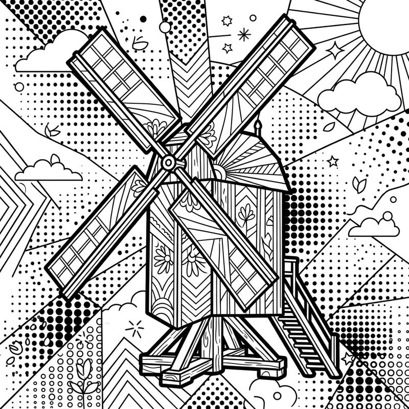 Experience the fusion of history and modern art with this Pop Art post mill coloring page. Dive into a dynamic scene featuring bold lines, intricate patterns, and classic halftone dots.