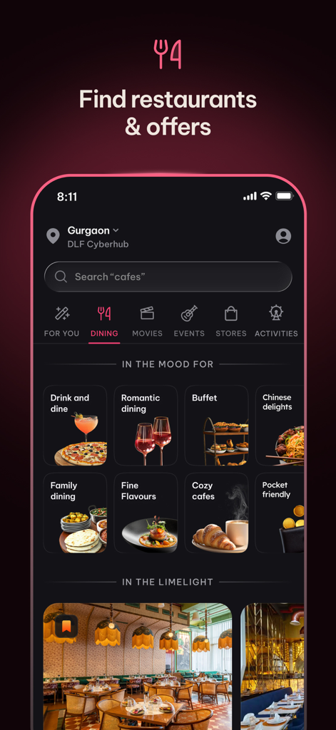 District: Movies Events Dining - Mobile app interface of District showing a curated list of restaurant categories including romantic dining and cozy cafes