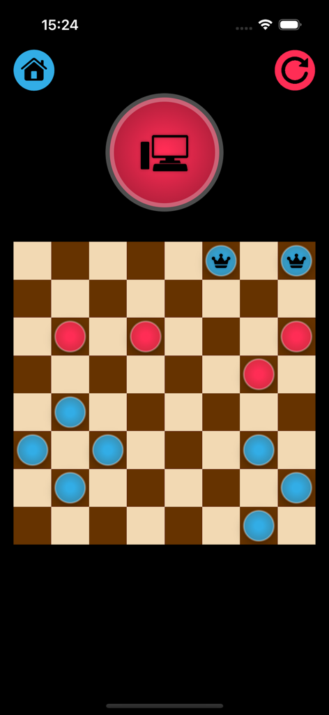 Tablero de juego de damas digital con piezas rojas y azules, incluyendo piezas de rey coronadas.