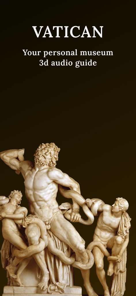 Vatican Museums 3D audio guide intro screen featuring the Laocoon sculpture