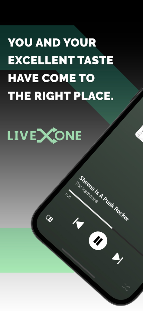 LiveOne Music - LiveOne Music app interface showing a song playing and marketing text