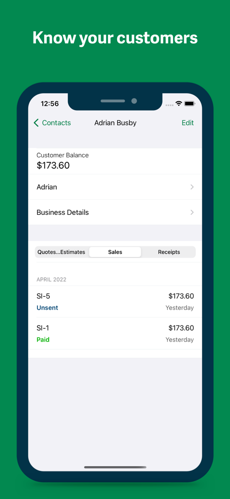 連絡先の顧客残高と取引履歴を表示するSage Accountingアプリ