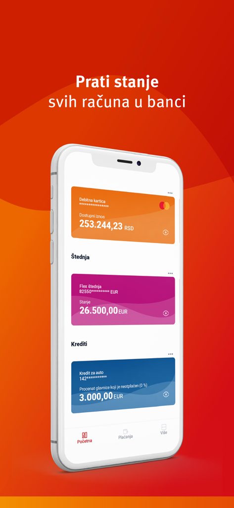 mBankar ProCredit Bank Srbija - mBankar mobile app dashboard showing debit card savings and loan account balances
