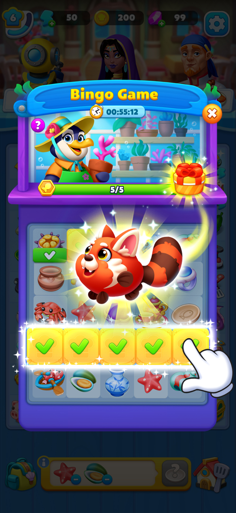 Merge Ocean - Cooking & Decor - A Bingo Game event screen in Merge Ocean showing a red panda character reward and a completed row of checkmarks