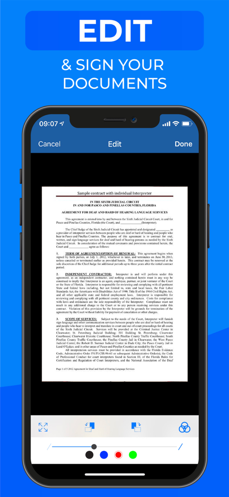 Um smartphone exibindo a interface do aplicativo Scanner Z para edição e assinatura de documentos digitais
