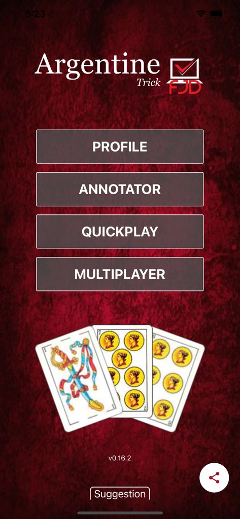 Truco FJD - Menu principal do jogo de cartas Truco FJD argentino com cartas espanholas e opções de jogo