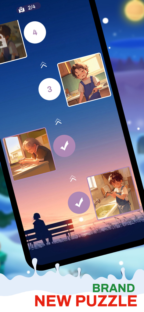 Cryptogram Word Puzzle Game - クリプトグラム単語パズルゲームで、芸術的なキャラクターイラストと共に完了したレベルと今後のレベルが表示された進行マップ。