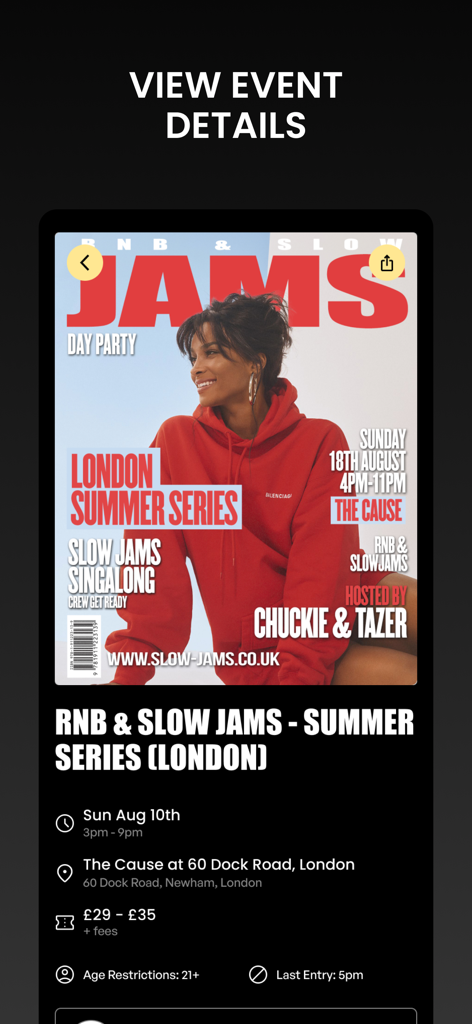 Slow Jams - A mobile app screen showing the details for an R&B and Slow Jams Summer Series event in London including time and location