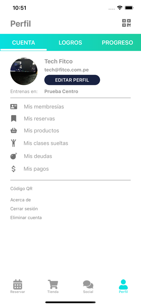 FITCO mobile app user profile screen showing account settings memberships and booking options