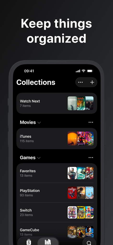Screenshot of the Sequel app showing organized collections for movies and video games