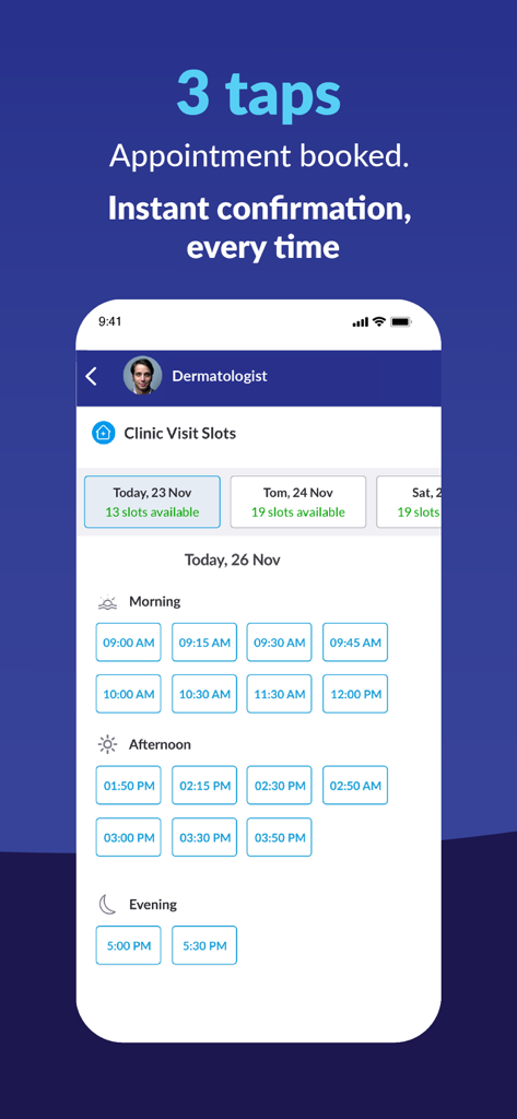 Practo - Consult Doctor Online - Practo app interface showing available time slots for booking a dermatologist appointment