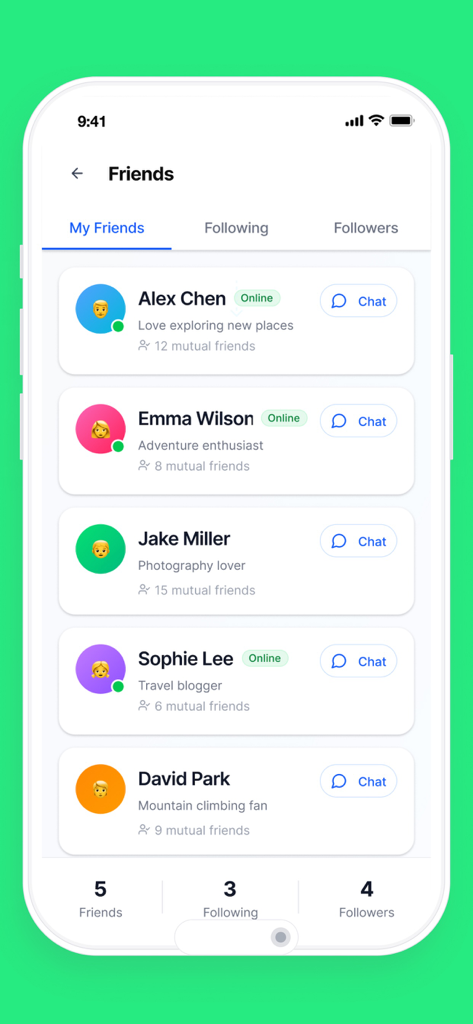 Reso – Stories & Community - Una captura de pantalla de la lista de Amigos en la aplicación Reso que muestra perfiles de usuario con amigos en común y botones de chat.