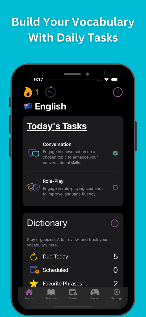 iPolyglot: Learn Language AI - iPolyglot app interface showing daily conversation tasks role play and vocabulary dictionary tracking