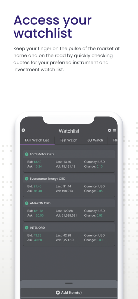 Enfusion Mobile app dashboard showing an investment watchlist with real-time stock market quotes