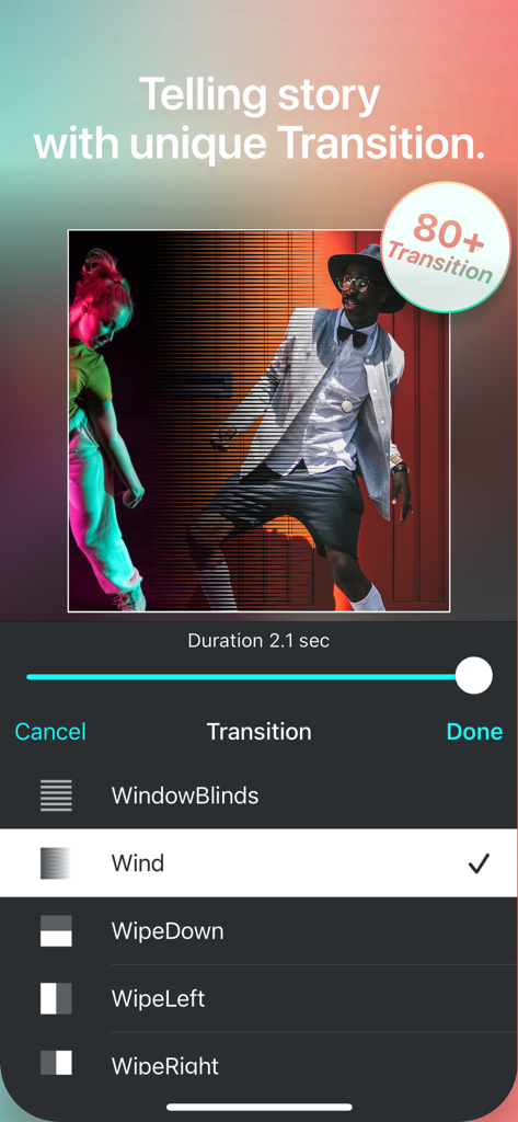 Interfaz del Editor Cuadrado para Recortar Videos mostrando efectos y configuraciones únicas de transición de video