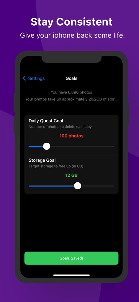 Photo Dump AI - Interface do Photo Dump AI mostrando configurações para exclusão diária de fotos e metas de limpeza de armazenamento