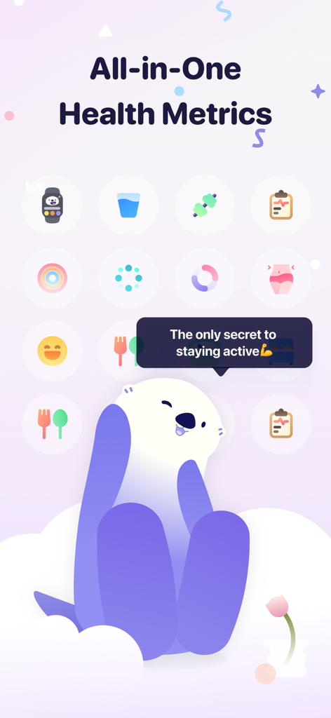 OtterLife: AI Health Tracker - OtterLife app interface displaying various health tracking icons and a cute purple otter mascot