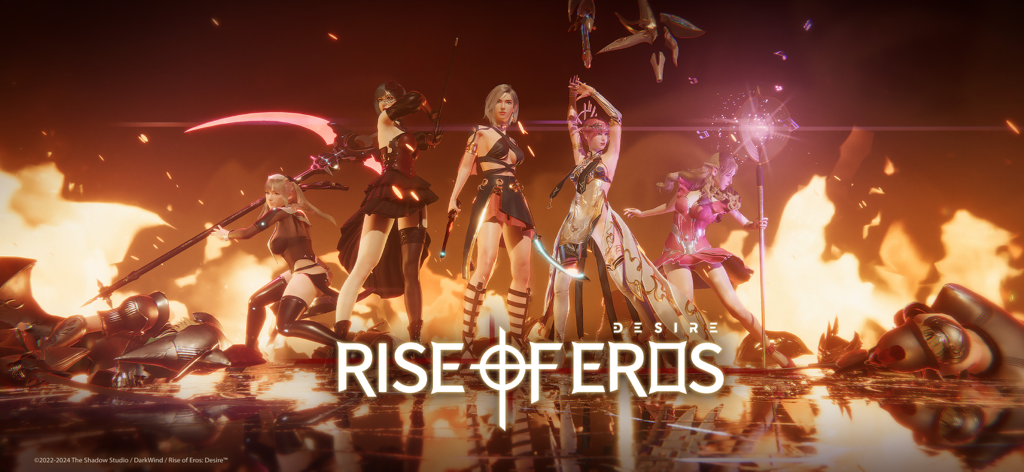 Rise of Eros: Desire - Five female goddess characters posing together in front of a wall of fire in Rise of Eros Desire.