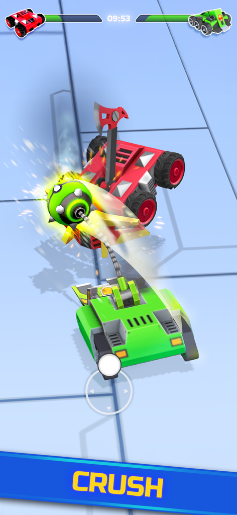 Pocket Bots: Battle Robots - 녹색 맞춤 설정 가능한 배틀 로봇이 PvP 아레나에서 회전하는 철퇴로 빨간색 로봇을 공격합니다.