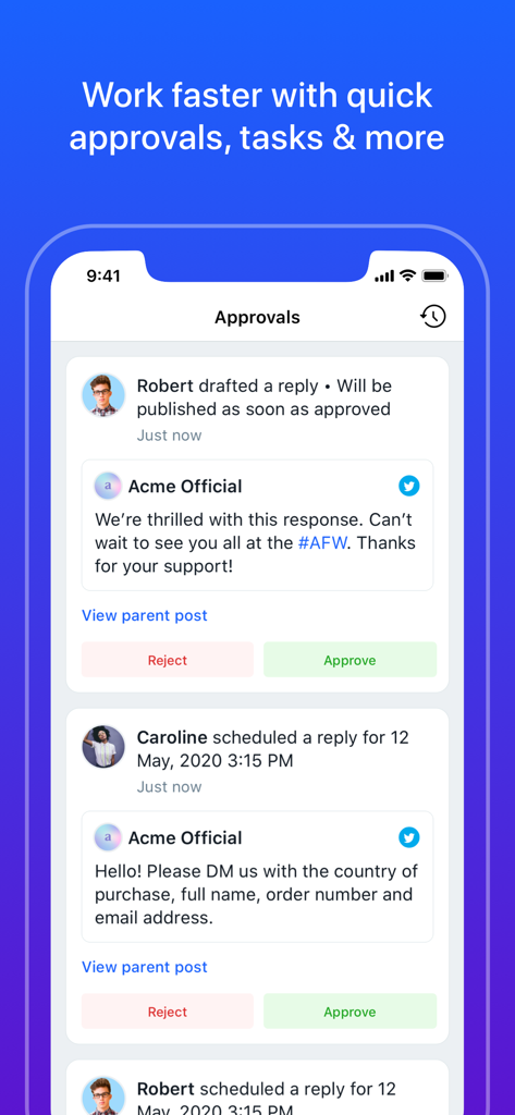 Interface of the Sprinklr app showing a social media approval queue with buttons to approve or reject draft posts